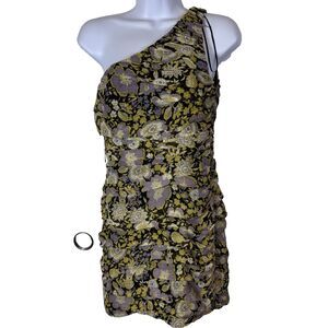 ZARA Women One Shoulder Floral Ruched Romantic Mini Dress Black Purple Yellow M